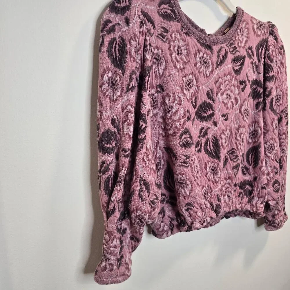 Free People Top Women's Small Pink Floral Puff Sleeve 100% Cotton Cropped Sweate